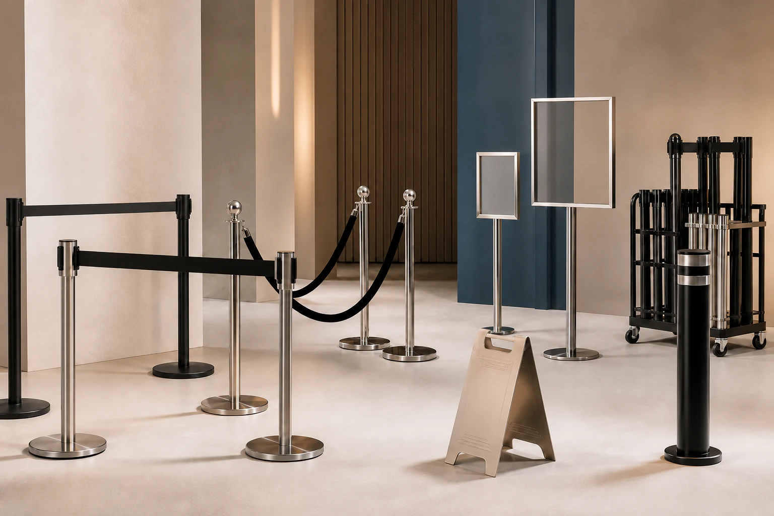 Black and polished chrome stanchions with velvet ropes and sign stands